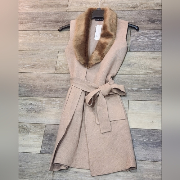 Love Token Sweaters - Love Token Beige Faux Fur Open Sleeveless Sweater With Belt Size Small